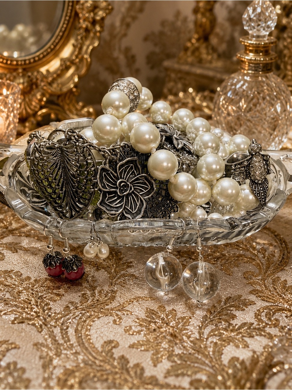 Elegant silver tone mystery jewelry in a vintage butter dish
